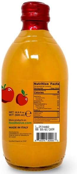 Food To Live Organic Apple Cider Vinegar, 500 ml – Raw Italian Natural Vinegar with the Mother, Unfiltered, Unpasteurized, Non-GMO, Vegan, Bulk, Glass Bottle (Pack of 3)