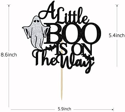 A Little Boo is on The Way Cake Topper, Halloween Baby Shower Cake Decorations, Little Boo, Halloween Themed Baby Shower Party Decorations (Black Glitter)