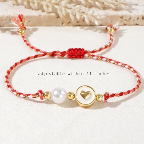Valentine Day Gold Beads Heart Bracelets for Women, Boho Handmade Adjustable Freshwater Pearl Turquoise Bracelet Summer Beach Jewelry Gift.