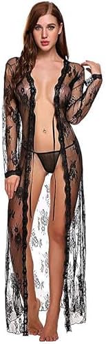 Women Sexy Robe Lace Sheer Long Kimono Nightgown Lingerie with G-string