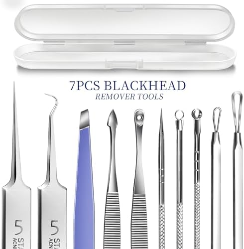 Teenitor 7 Pcs Pimple Popper Tool Kit, Surgical Grade Blackhead Remover Tools, Ingrown Hair Tweezers, Blackhead Extractor Pimple Extractor, Black Head Remover for Face