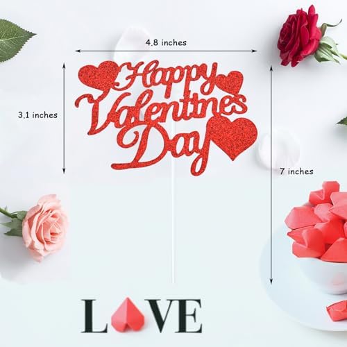 1Pcs Happy Valentine's Day Cake Topper, Glitter Cake Bunting Decor Sweet Love Be Mine Valentines Cake Picks for Valentine's Day Theme Party Decorations Supplies(Red)