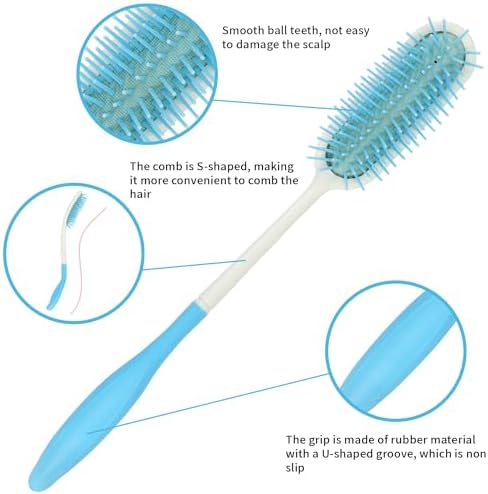 Kesywale Long Reach Handled Comb and Hair Brush Set for Elderly and Hand-Disabled People, Not Need to Lift Hand (Blue)