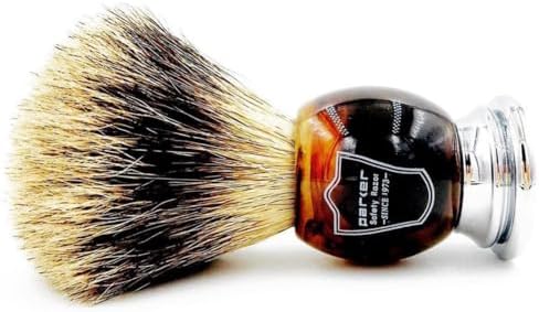 Parker 3-Band Pure Badger Shaving Brush with Faux Horn & Chrome Handle + Stand | 22mm Soft Knot for Dense Lather | Handcrafted Wet Shaving Brush for Cream or Soap | Long Loft