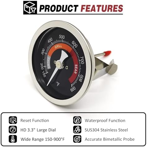 3.3” Large Thermometer Replacement for Big Green Egg Grill, Accurate Temp Gauge Probe w/Recalibrated Function, Waterproof Temperature Gauge for BGE Accessories, SUS304 Stainless Steel Dome Thermostat