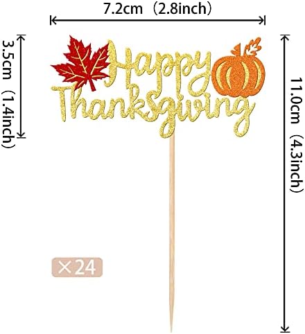 24 PCS Happy Thanksgiving Cupcake Toppers with Glitter Maple Leaf Pumpkin Fall Theme Cupcake Picks for Thanksgiving Day Theme Birthday Party Cake Decorations