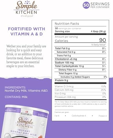 Simple Kitchen Instant Nonfat Dry Milk Powder - 50 Servings #10 Can, Non Fat Powdered Milk Bulk, Dried & Vitamin D Fortified, Daily Use & Emergency Food Long Term Storage, up to 25 Year Shelf Life