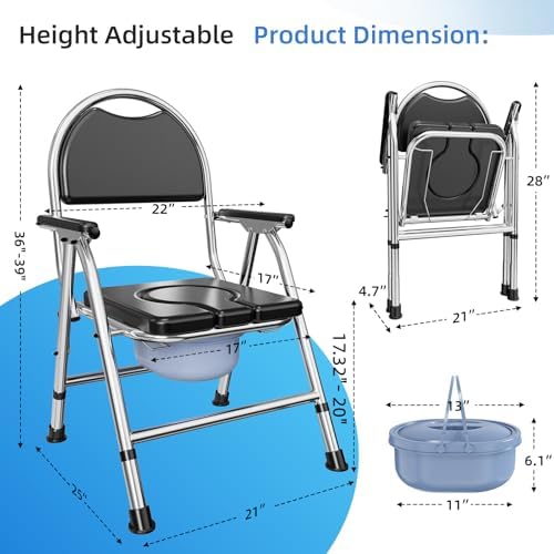 4 in 1 Folding Bedside Commode Chair for Elderly with Arms and Back,Adjustable Height Raised Toilet Seat with Handles,Adults Potty Chair for Seniors,Disabled Holds Up to 350 lbs