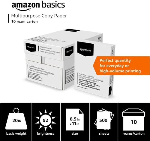 Amazon Basics Multipurpose Copy Printer Paper, 20 lb, 8.5 x 11 Inches, 10 Reams (5,000 Sheets), 92 Bright White