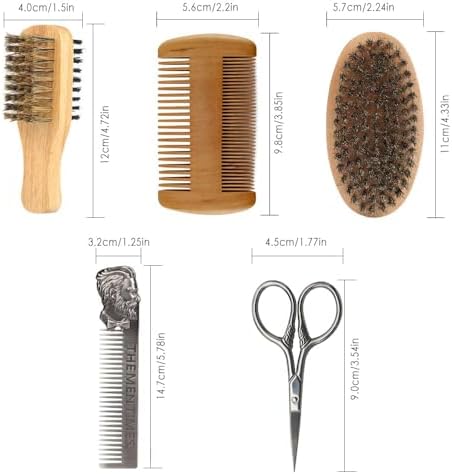Beard Brush and Comb Set with Mustache Scissors Grooming Kit, Natural Boar Bristle, Dual Action Wood Comb, Dual Side Brush for Men's Facial Hair, Travel Bag