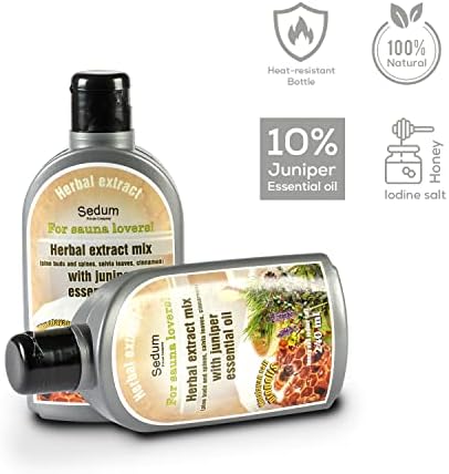 Sedum Natural Herbal Extract for Sauna, Massage, Broom Soaking - Herbal Sauna Extract Mix (Pine Buds and spines, salvia Leaves, Cinnamon) with Juniper Essential Oil, Honey and Iodine Salt - 240ml