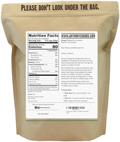 Anthony's Non Fat Milk Powder, 2 lb, Instant, Gluten Free & Non GMO