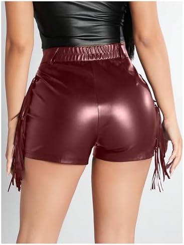 BEAUDRM Women's Y2K Sexy Faux Leather Shorts Fringe Tassel Festival Rave Micro Shorts Western Cowgirl Outfits