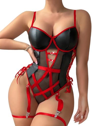 Foxiny Sexy Strappy Lace Up Underwire Sheer Leather Garter Belt Teddy Bodysuit Lingerie Top 2 Piece Set
