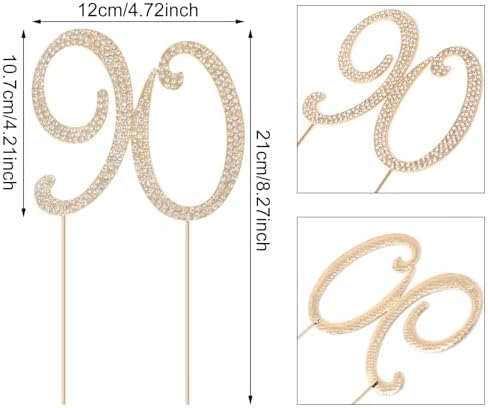 Honbay 90 Birthday Cake Topper Sparkling Bling Alloy Crystal Rhinestones Cake Topper Cake Decoration for 90th Birthday or Anniversary Party (Gold)