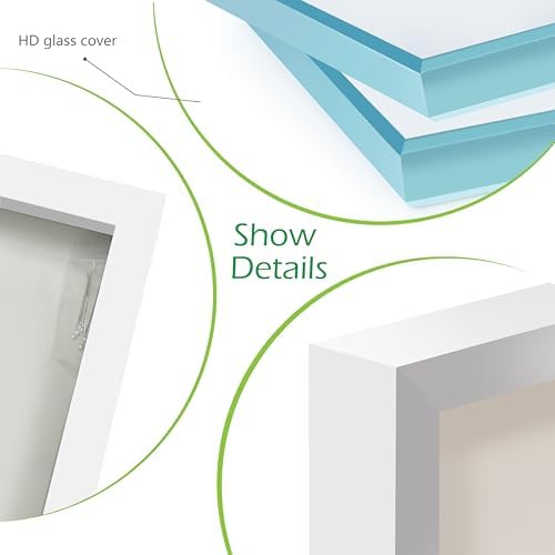 FrameWorks 8” x 10” White Wooden Shadow Box Frame – Display Case with Soft Felt Back, Memory Box with Tempered Glass, Display Box with Elegant White Ball Push Pins, Wooden Flower Box