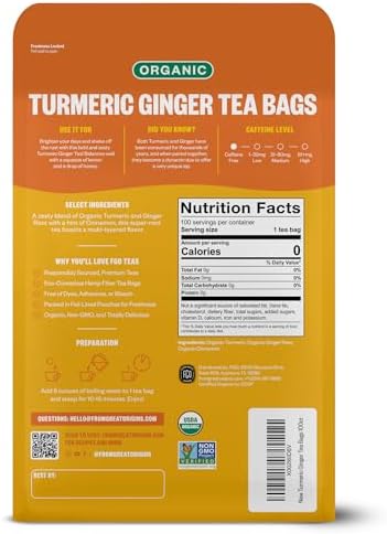 FGO Organic Turmeric Ginger Tea, Eco-Conscious Tea Bags, 100 Count, Packaging May Vary (Pack of 1)