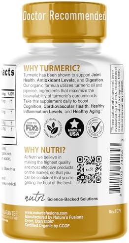 Nutri Organic Turmeric Curcumin Supplement 1425mg - 40x More Bioavailable - 95% Pure Curcuminoids - with Black Pepper, Ginger & Turmeric Oil - 90 Count Capsules, 3rd Party Tested