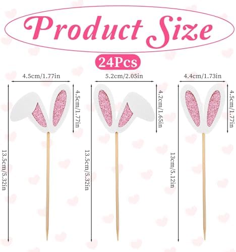 24 Pack Easter Bunny Ear Cupcake Toppers Glitter Easter Party Decorations Bunny Ear Cupcake Toppers Happy Birthday Cupcake Picks for Spring Birthday Baby Shower Party Supplies - Rabbit Lover