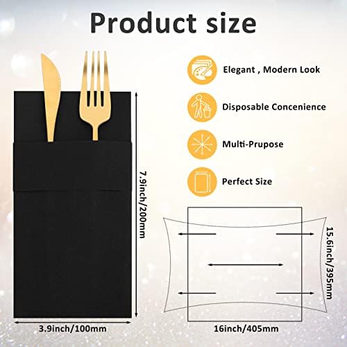Cindeer 150 Pcs Black Linen Dinner Feel Napkins with Built in Flatware Pocket Prefolded Paper Disposable Airlaid Guest Hand Towel for Silverware Wedding Reception Christmas Baby Shower