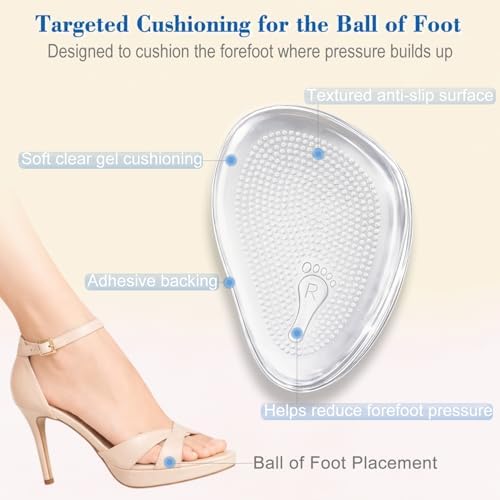 Metatarsal Pads for Women, Ball of Foot Cushions, 10PCS Clear Gel Forefoot Pads with Adhesive Backing, Reusable Foot Pads for Heels, Flats, Sneakers, Dress Shoes and Work Shoes