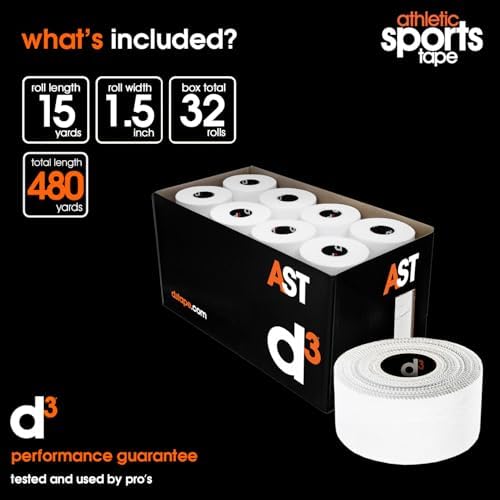 d3 Athletic Sports Tape White 1.5" x 15yds - 32 Rolls Bulk Box Hand Tearable Zinc Oxide Tape for Thumb, Wrist & Ankle Support, Strong Joint Strapping for Athletes, Medical Trainers & First Aid