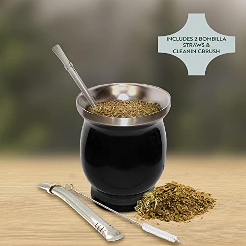 Norte Yerba Mate Cup Kit, 8-Ounces Traditional Mate Tea Cup/Gourd Set | Includes 2 Bombillas (Yerba Mate Straw) & Cleaning Brush, Stainless Steel Cup, Double-Walled, Easy to Clean | Black
