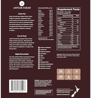 Antler Farms - 100% Grass Fed New Zealand Whey Protein Isolate, Cookies & Cream Flavor, 2 lbs - Pure and Clean, 5 Ingredients, Cold Processed