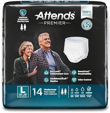 Attends Premier Adult Incontinence SmartCool® Underwear, Large (44-58"), [56 Count] - Overnight Absorbency for Men and Women, Disposable Pull-On Diapers with Tear-Away Sides, ALI-UW30