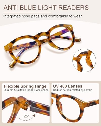 6 Pack Blue Light Blocking Reading Glasses - TR90 Retro Round Readers for Women Men - Spring Hinge Frames with UV400 Anti-Reflective Lens (1.25x)