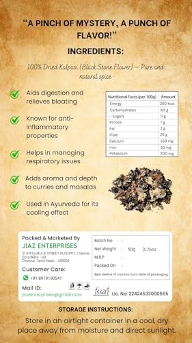 Jiaz Enterprises Stone Flower 50g (1.76oz) – Dagad Phool (Kalpasi) – Aromatic Culinary Herb for Traditional Cooking - Unique Spice for Authentic Indian Flavors - Flavourful Cooking