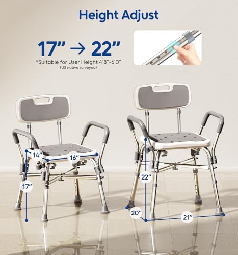 Bluelog Shower Chair with Arms and Back, 550lbs Heavy Duty, Height Adjustable, Bathtub Shower Seat Bench Stool for Inside Shower for Elderly & Disabled, Rectangular
