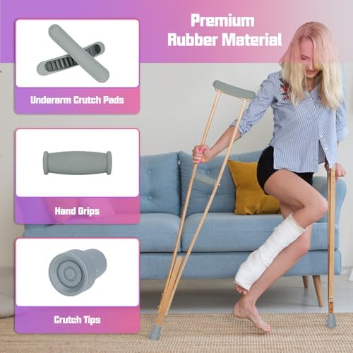 supregear Crutch Pads, Padding for Walking Arm Crutches, Hand Grips and Feet Caps, Rubber Grip Handle Covers Replacement 6 Pcs Set, Relief Accessories for Adults and Kids, Grey