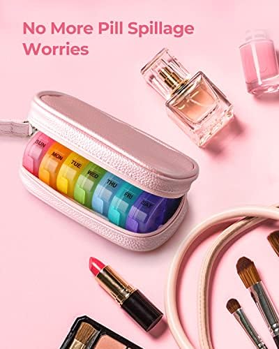 Cute Pill Organizer 2 Times a Day, PU Leather Pill Case for Women, Portable Weekly Pill Box for Purse with Storage Bag to Hold Vitamins, Medications, Fish Oils, Supplements (Pink)