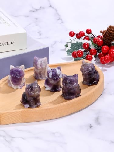Jovivi 1.5" Amethyst Cystal Cat Statue Natural Stone Carved Cute Pocket Sitting Cat Figurines Sculpture Home Desk Christmas Decorations Gifts