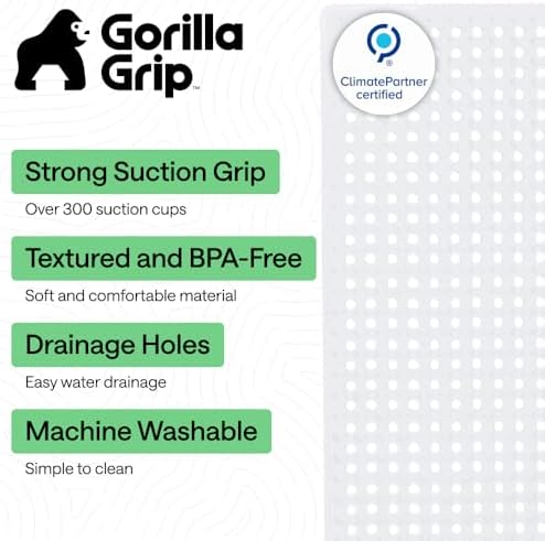 GORILLA GRIP Patented Bath Tub Shower Mat, Machine Washable Bathtub Floor Liner Mats, Suction Cups and Drain Holes to Keep Tubs Clean, Soft on Feet, Bathroom Essentials, 35x16 Inch, White