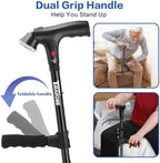 Walking Cane for Men, 3-in-1 Folding Cane with Alarm and Light, Adjustable, Collapsible Walking Stick for Adults Seniors Balance with a Second Handle, Tailored for 5'5" to 6'2"