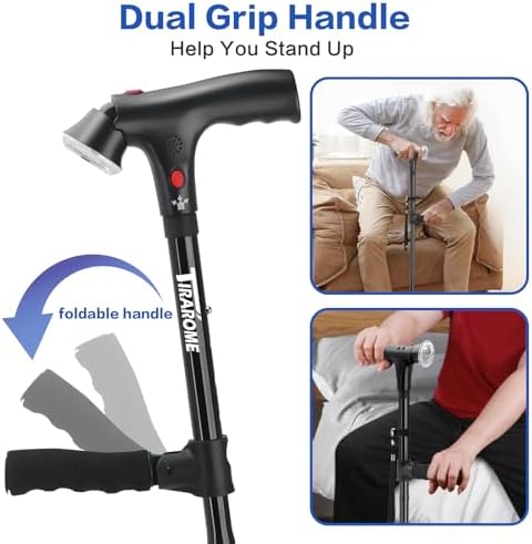 Walking Cane for Men, 3-in-1 Folding Cane with Alarm and Light, Adjustable, Collapsible Walking Stick for Adults Seniors Balance with a Second Handle, Tailored for 5'5" to 6'2"