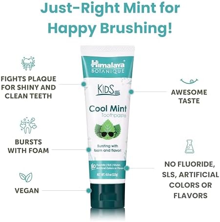 Himalaya Botanique Kids Toothpaste, Cool Mint, Fluoride-Free, Gentle, No Artificial Colors, SLS Free, Gluten Free, Cruelty Free, Vegan, Foaming, 4 Oz, 1 Pack…