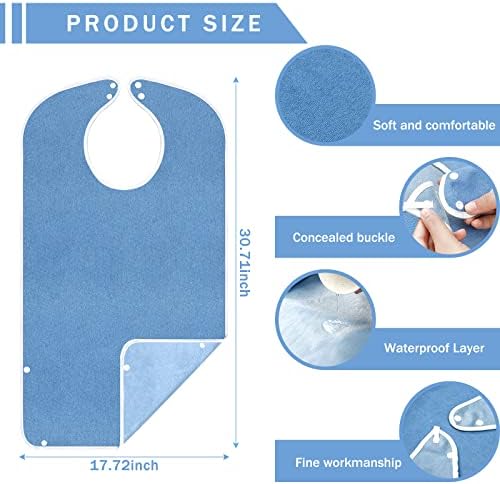 Boyiee 12 Pcs Adult Bibs Bulk for Eating Waterproof Large Adult Bibs with Adjustable Snap Button Absorbent Washable Reusable Terry Bib Cloth Protector for Elderly Seniors Disabled Men Women