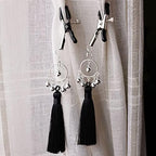 Adjustable Tassel Nipple Clips with Bells Non Piercing Chest Nipple Clamps Dangle Breast Nipple Jewelry (Black)