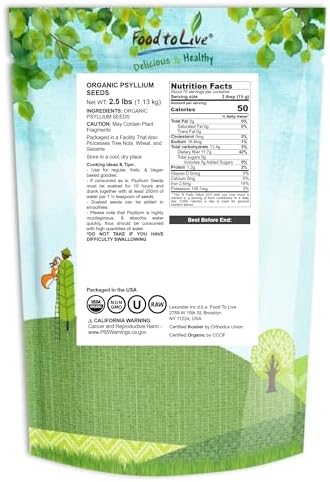 Food to Live Organic Whole Psyllium Seeds, 2.5 Pounds - Non-GMO, Vegan, Kosher, Keto Friendly, Raw, Bulk, Natural Food Thickener, for Cooking - Add a Boost to Smoothies and Dishes