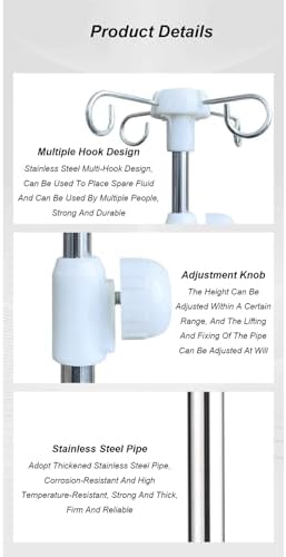 Portable IV Pole with 4 Hooks - Height Adjustable Stainless Steel Stand for Feeding Tubes & IV Bags - Ideal for Nursing Beds & Infusion Chairs for Elderly Care
