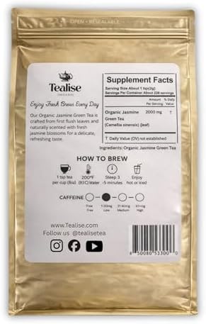 Organic Jasmine Green Tea Loose Leaf Whole Leaf, USDA Organic Smooth Floral Aroma Antioxidant Rich Green Tea 1 lb (456g) About 228 Servings by Tealise