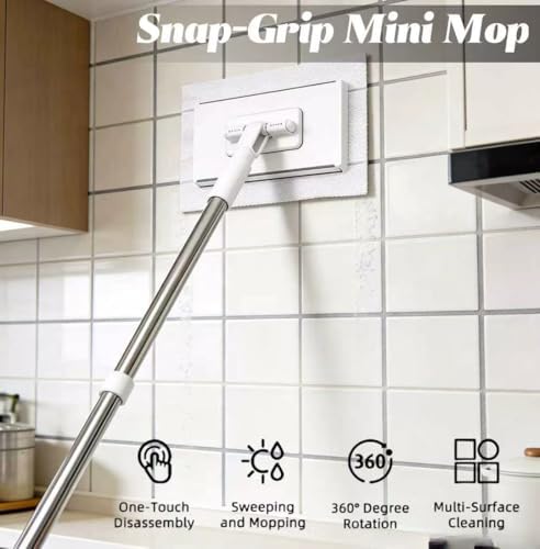 Magic Grip Mini Mop, Snap Grip No-Touch Lazy Mop with 1-Second Cloth Change, 360° Rotating Head for Walls, Floors, Windows, Corners. Cloth-Changing Mini Cleaning Tool with 10 Reusable Microfiber Cloth