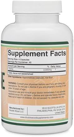 L-Serine Capsules (Third Party Tested) - 2,000mg Servings Used in Clinical Study, 180 Count, 500mg per Capsule (L Serine Amino Acid for Serotonin Production and Brain Support) by Double Wood