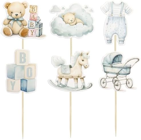 Ephlyn 36Pcs Baby Boy Cupcake Toppers Baby Shower Decorations for Boy Bear It's a Boy Cupcake Picks Decorations for Baby Boys Birthday Party Cake Decorations Blue