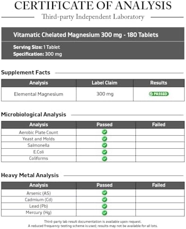 Vitamatic Chelated Magnesium 300mg (Per 1 Tablet) - 180 Tablets - as Amino Acid Chelate & Oxide - Supports Muscle, Nerve, and Heart Health - Non-GMO, Vegan, Gluten Free, & Made in the USA