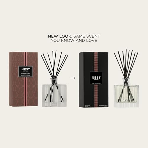 NEST New York Reed Diffuser, Rose Noir & Oud - 5.9 fl oz - Fragrance for Up to 90 Days - Reusable, Refillable Glass Holder - Includes 8 All-Natural Reed Sticks - Flame Free