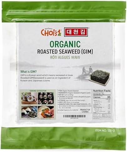 CHOI's 1 Organic Roasted Seaweed, Gim, Sushi Nori/ (50 full sheets)/ Product of Korea/ Gold Grade- Vegan, Keto, Gluten Free, Full of Fiber, Vitamin, Mineral, High protein, Omega 3's
